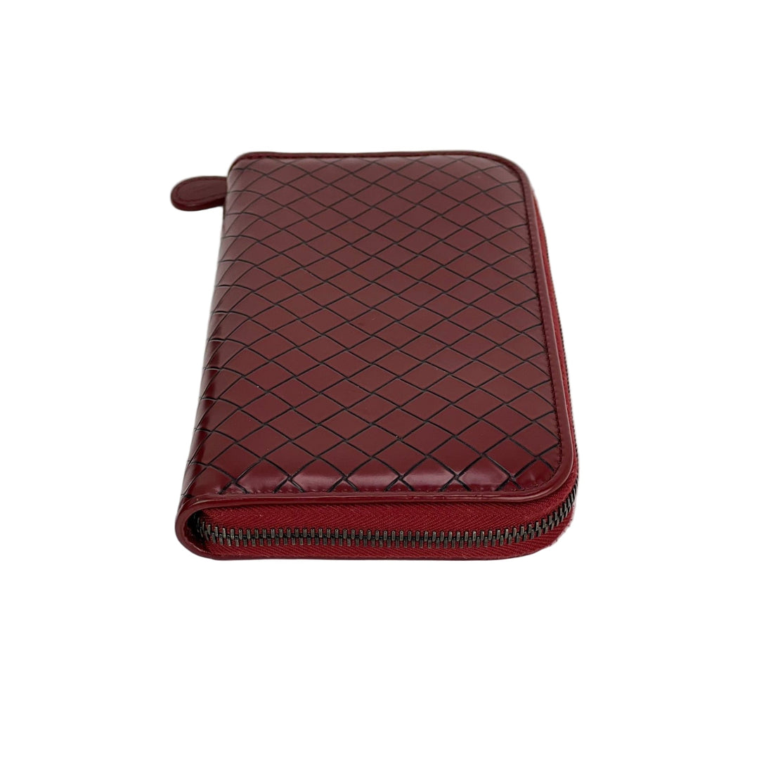Bottega Veneta Burgundy Intrecciato Zip Around Leather Wallet Clutch