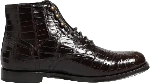 Brown crocodile-patterned leather boot on a white background