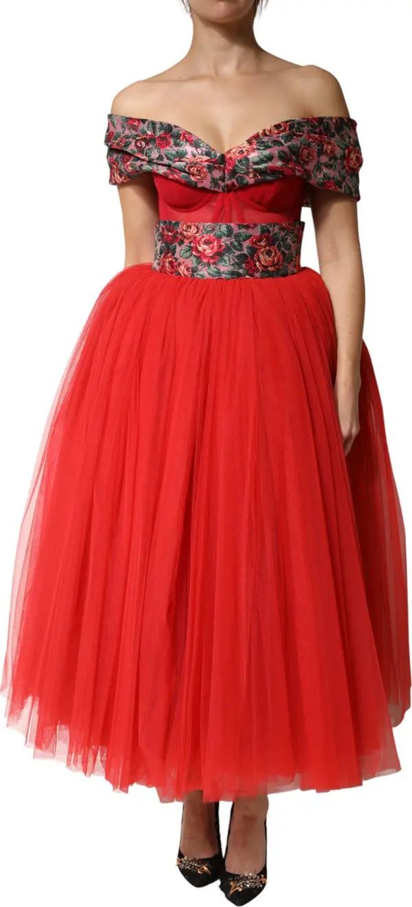 Dolce & Gabbana Red Floral Off Shoulder A-line Gown Dress showcasing a vibrant floral pattern and elegant silhouette.