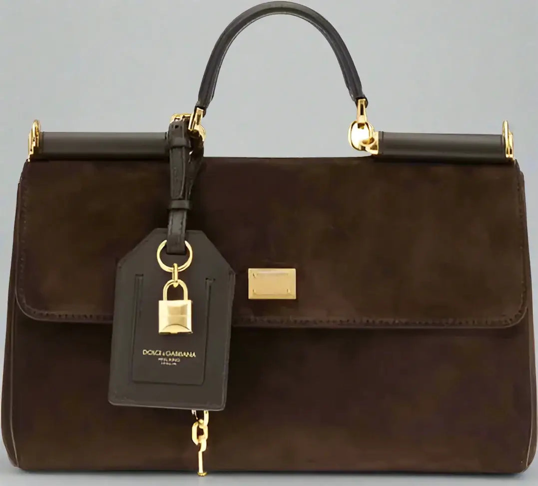 Brown handbag with gold accents and Dolce & Gabbana tag on a white background