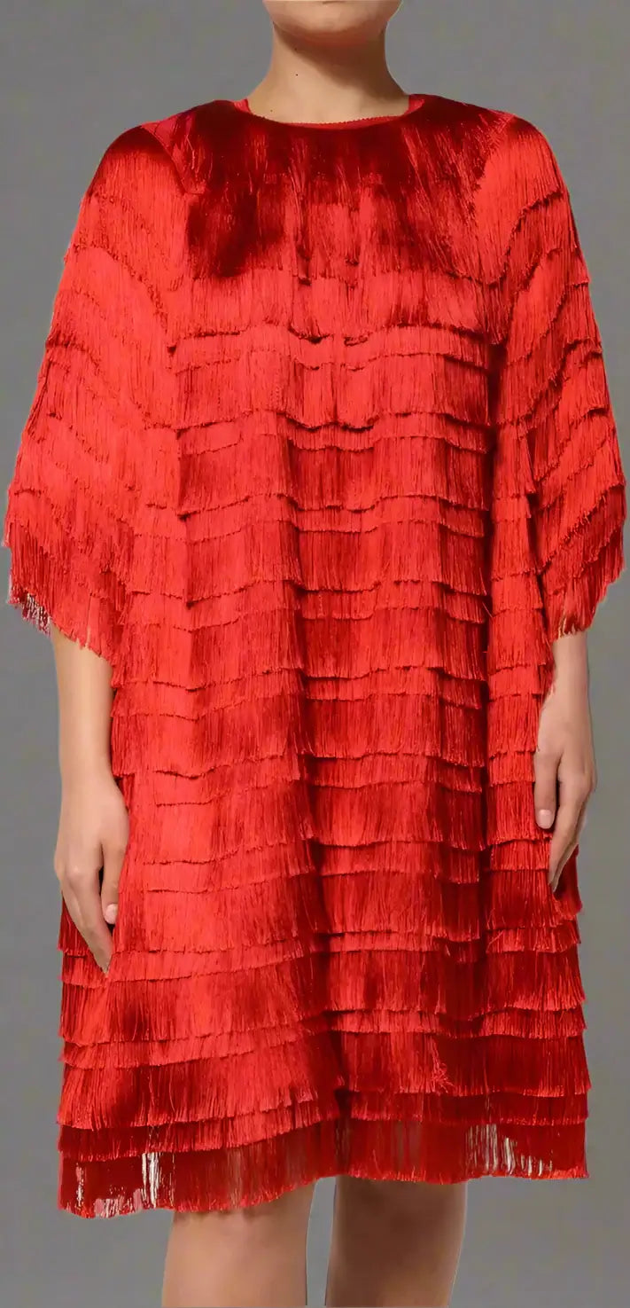 Red layered dress on a white background