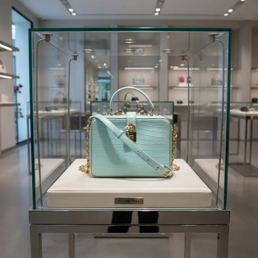 Light blue handbag with gold accents on a white background