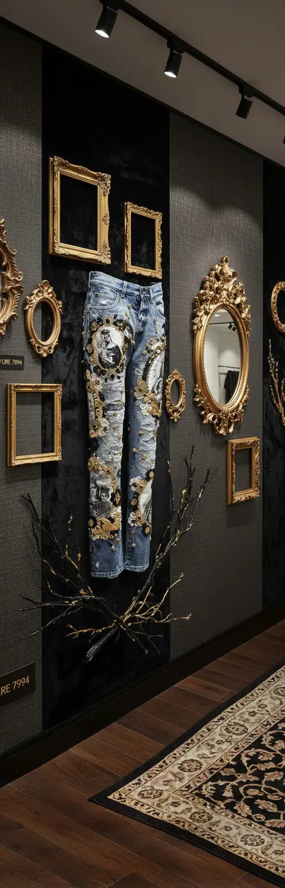 Blue jeans with floral and portrait designs on a white background