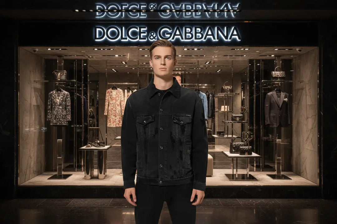 Dolce & Gabbana Black Cotton Stretch Denim Blouson Jacket showcased outside a luxury store for fashion enthusiasts.