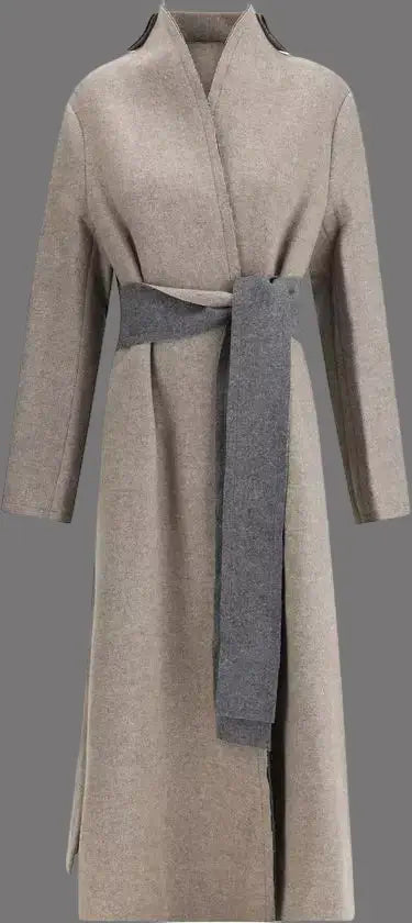 Long beige coat with a belt on a white background