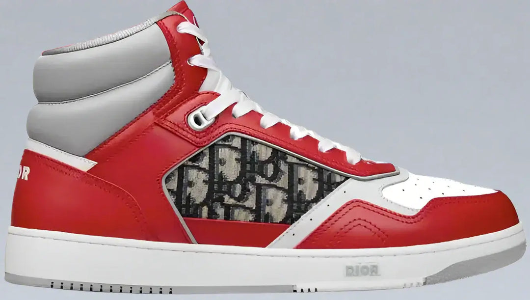 Red and white high-top sneaker with Dior logo on a white background