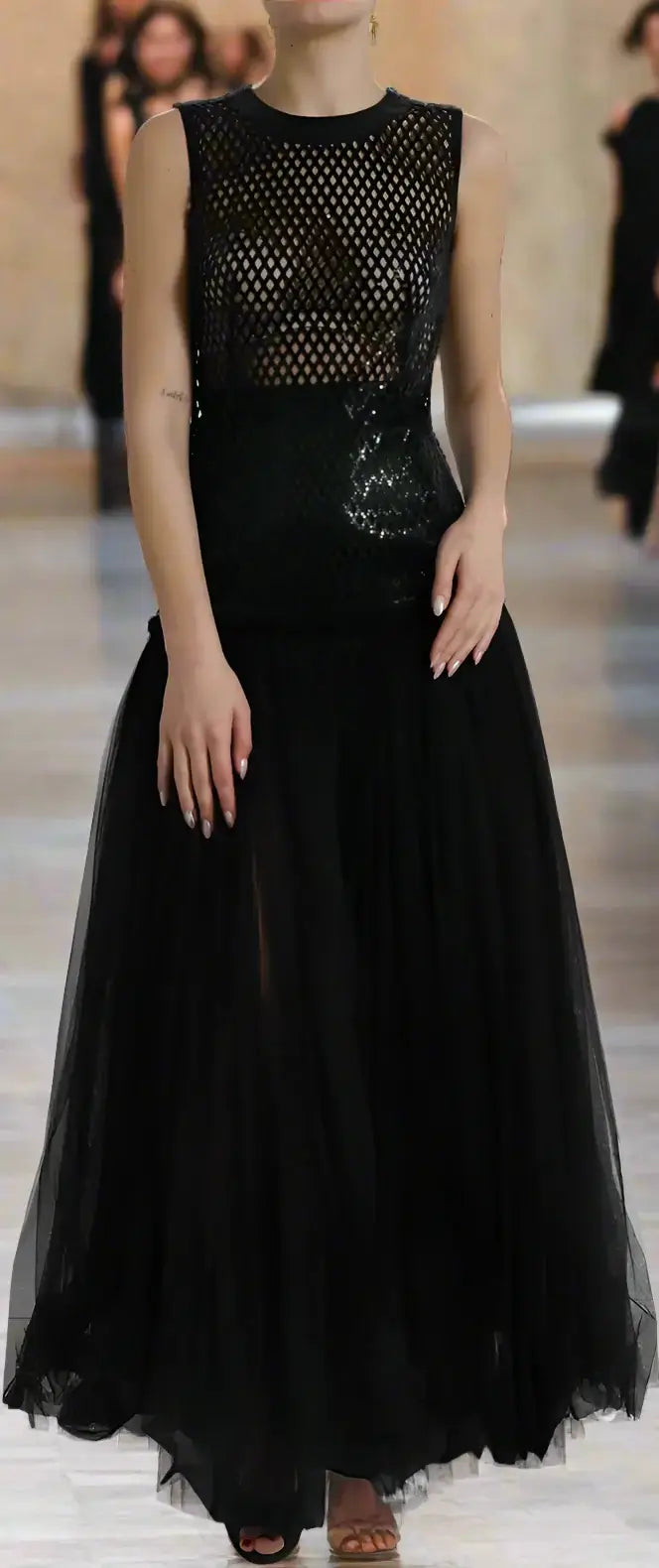 Dolce & Gabbana Black Sequined Sleeveless Mesh Layered Gown Dress
