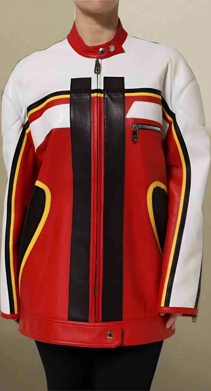 Red, white, and black leather jacket with yellow accents on a white background