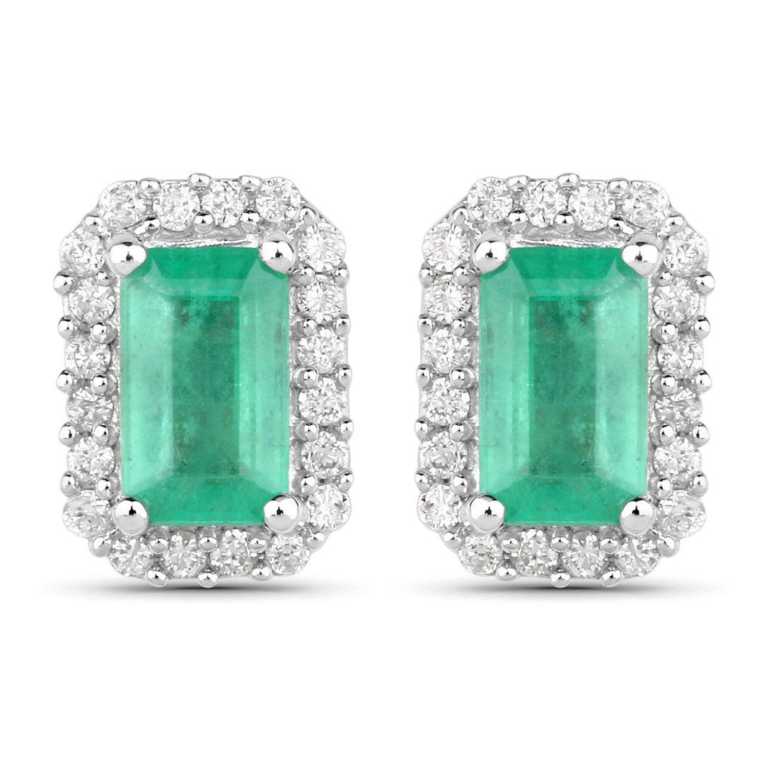0.91 Carat Genuine Zambian Emerald and White Diamond 14K White Gold Earrings