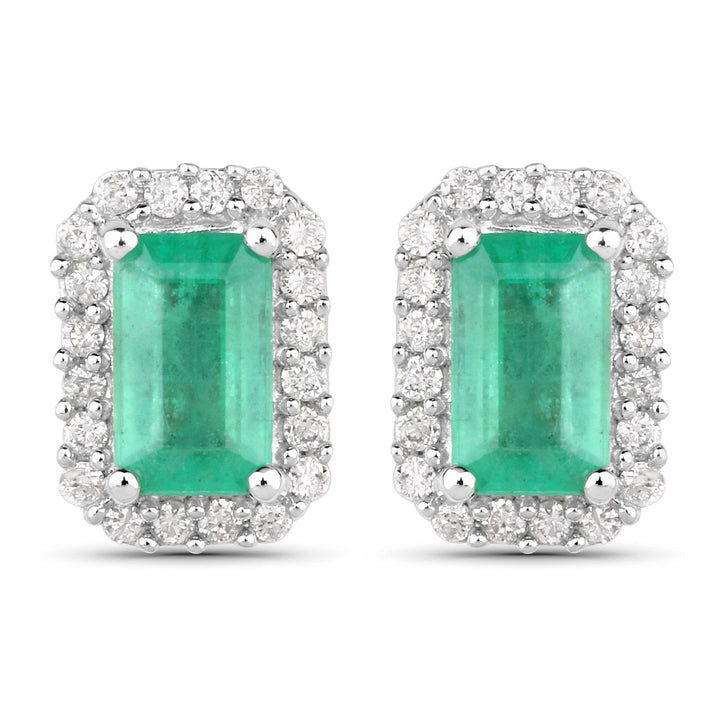 0.91 Carat Genuine Zambian Emerald and White Diamond 14K White Gold Earrings