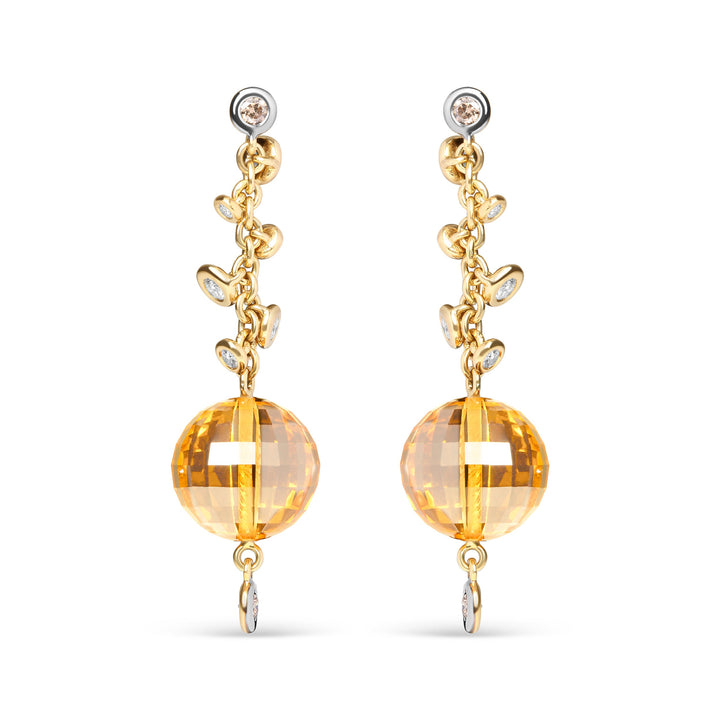 18K Yellow Gold 2/3 Cttw Round Bezel Diamond and 25mm Ball Shaped Yellow Citrine Gemstone Dangle Stud Earring (Brown and G-H Color, SI1-SI2 Clarity)