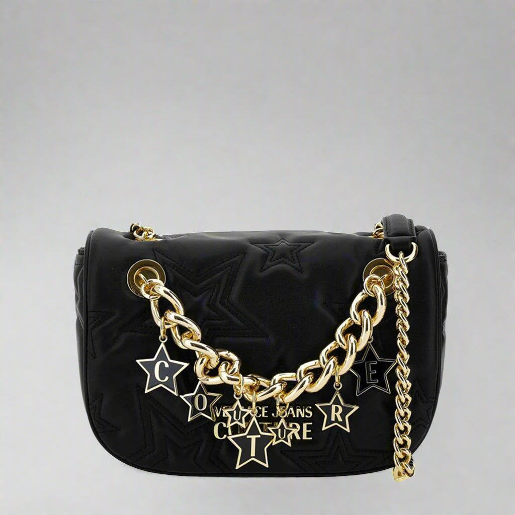 Versace Jeans Couture shoulder bag featuring gold emblem and chain strap, crafted with synthetic leather, stylish and chic.