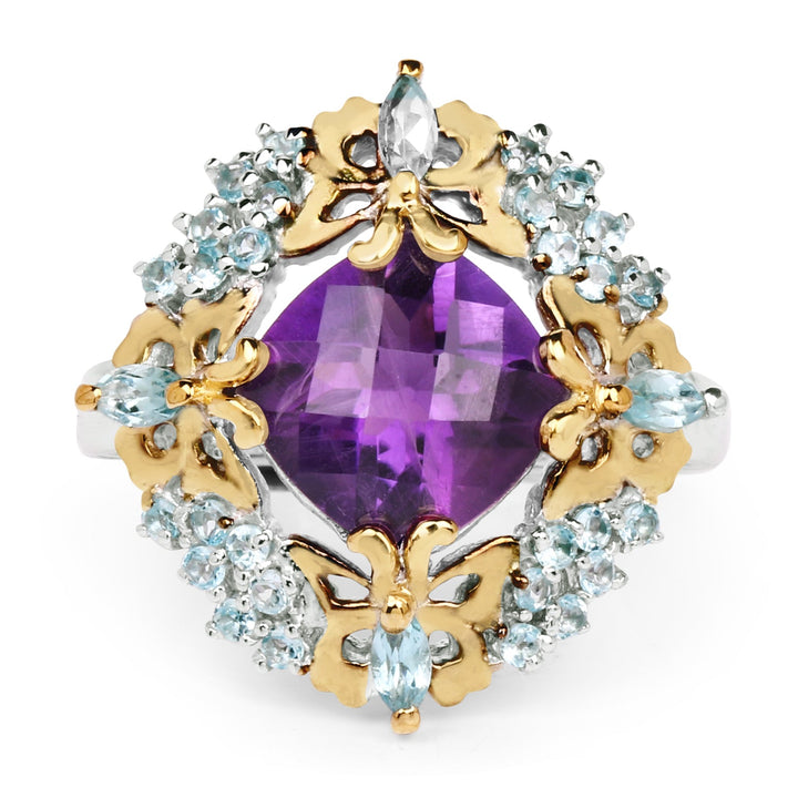 Two Tone Plated 4.45 Carat Genuine Amethyst &amp; Blue Topaz .925 Sterling Silver Ring