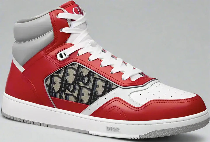 Red and white high-top sneaker with Dior logo on a white background