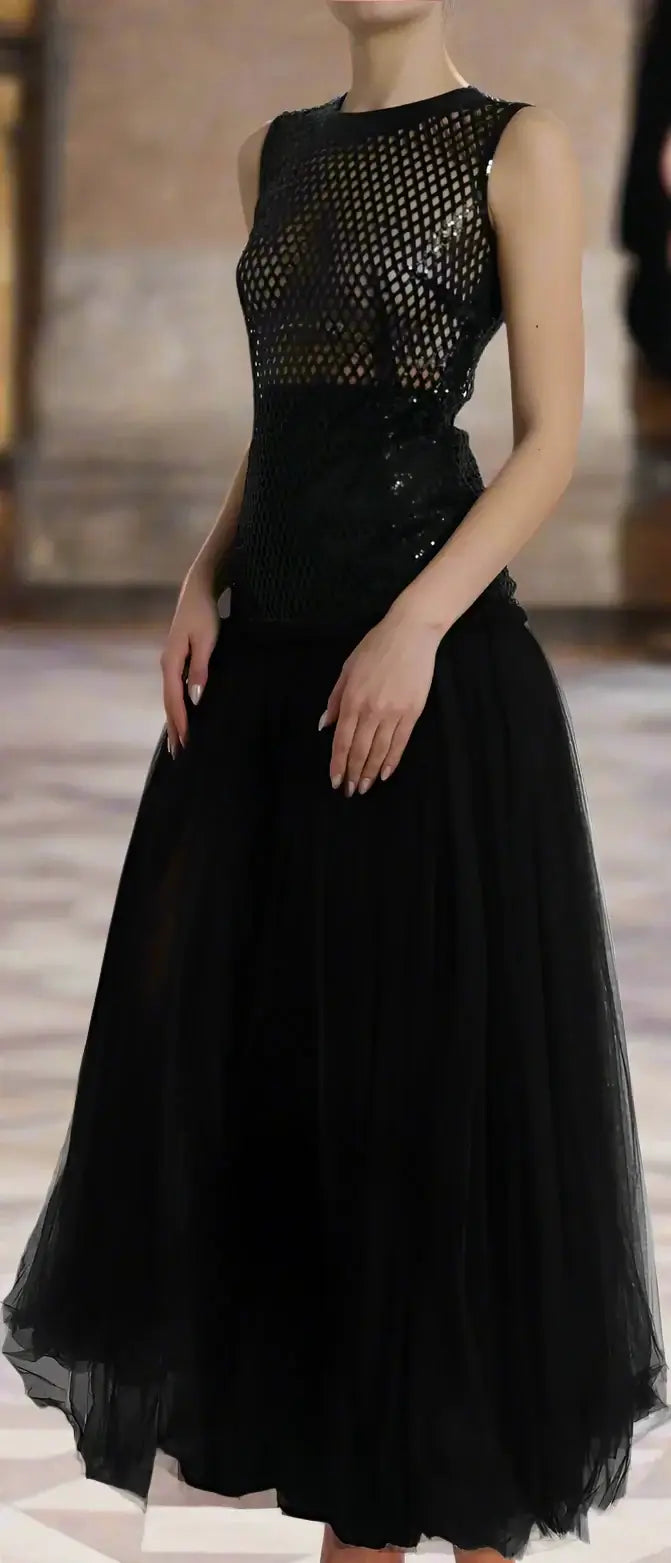 Dolce & Gabbana Black Sequined Sleeveless Mesh Layered Gown Dress