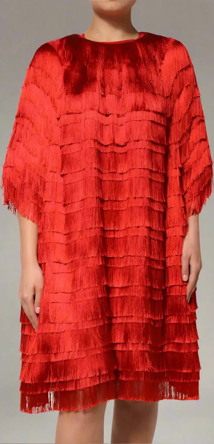 Red layered dress on a white background