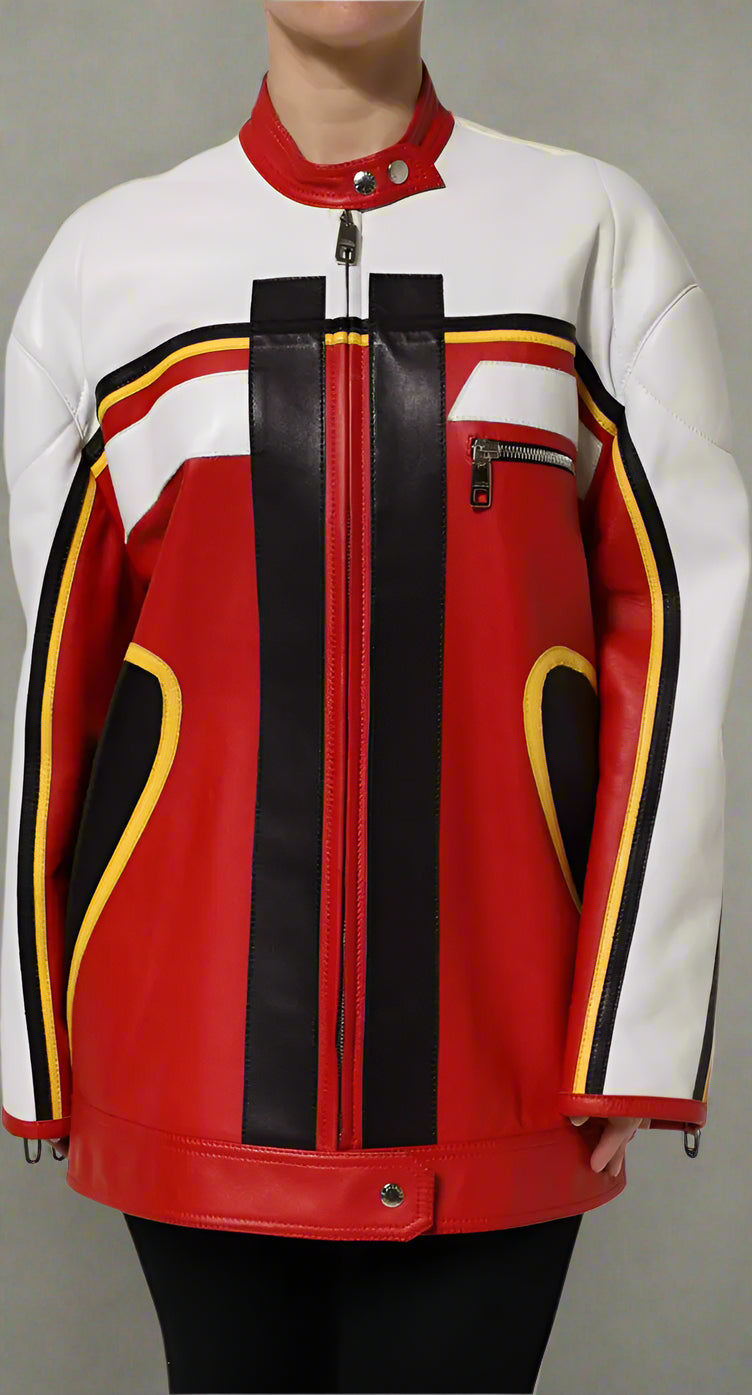Red, white, and black leather jacket with yellow accents on a white background