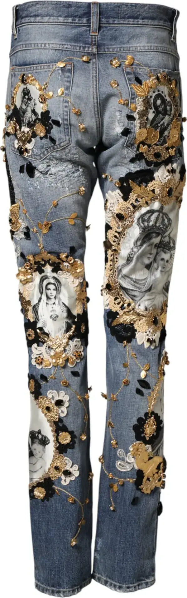 Blue jeans with floral and portrait embellishments on a white background