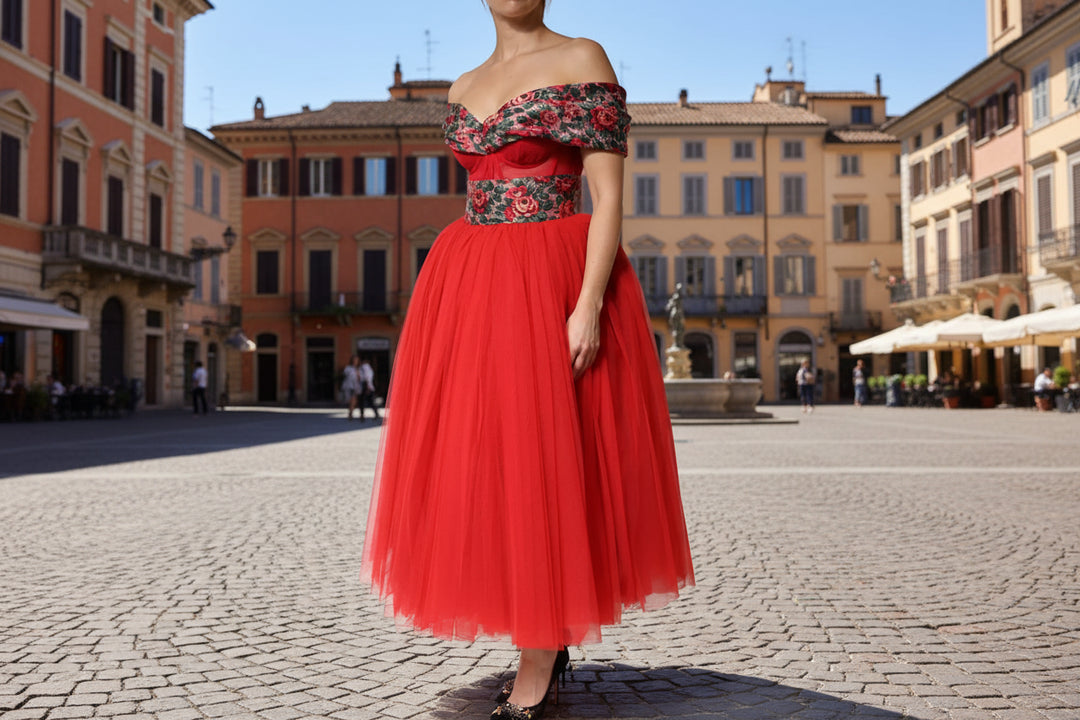 Dolce & Gabbana Red Floral Off Shoulder A-line Gown Dress worn outdoors, featuring a vibrant red tulle skirt.