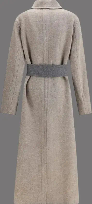 Long beige coat with a belt on a white background
