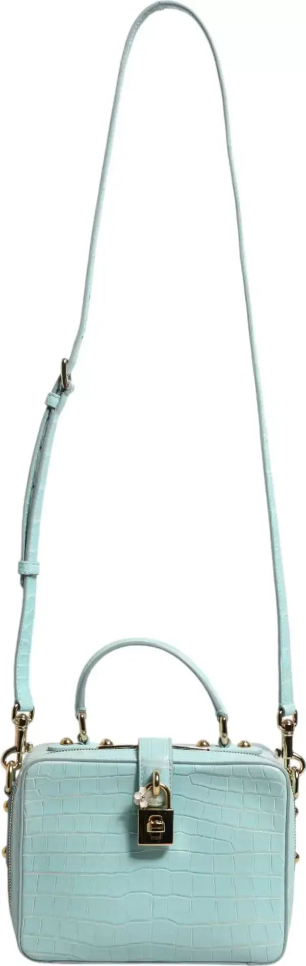 Light blue handbag with a strap on a white background