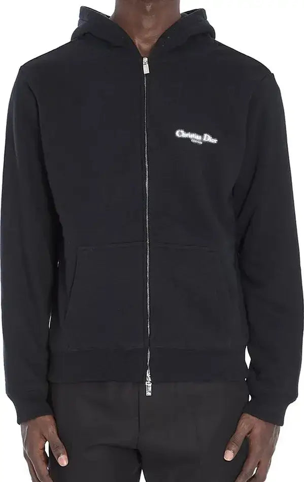 Black hoodie with a brand logo on the chest against a white background
