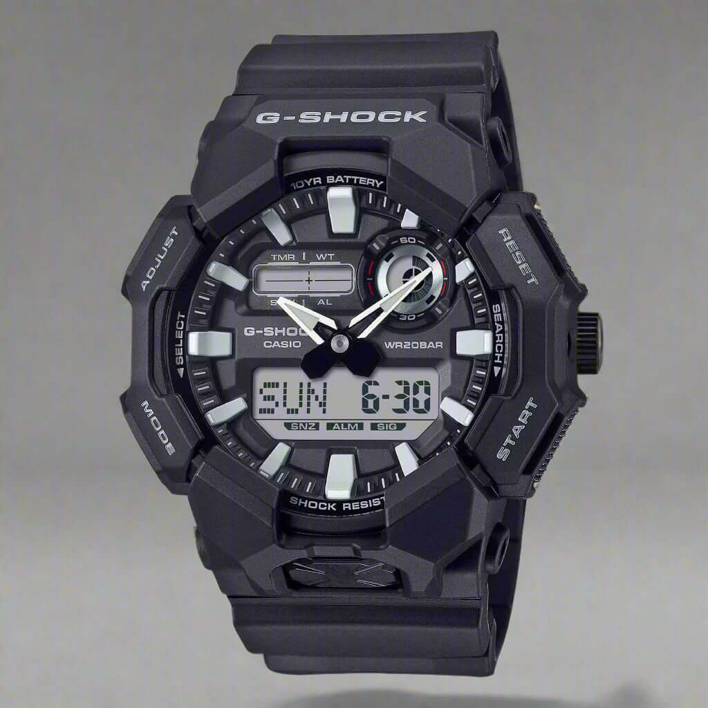 Black G-Shock watch on a white background