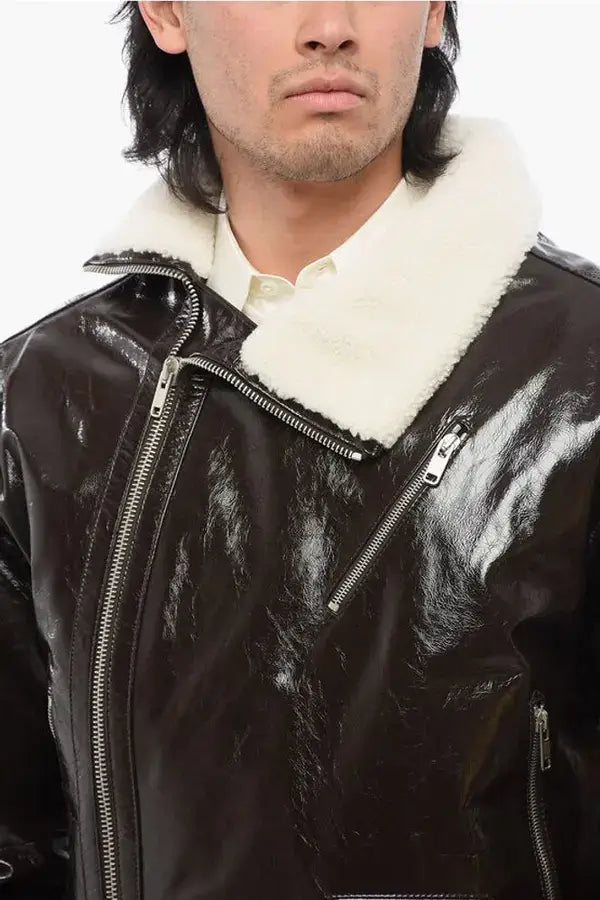 DIOR men's brown Craquelé Leather Jacket with Side Zip