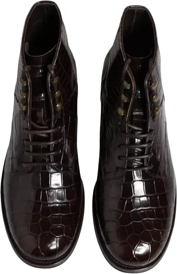 Pair of brown crocodile-patterned boots on a white background