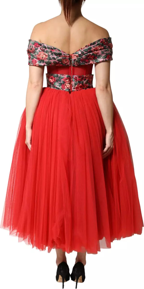 Dolce & Gabbana  Red Floral Off Shoulder A-line Gown Dress showcasing a vibrant red tulle skirt and floral bodice.