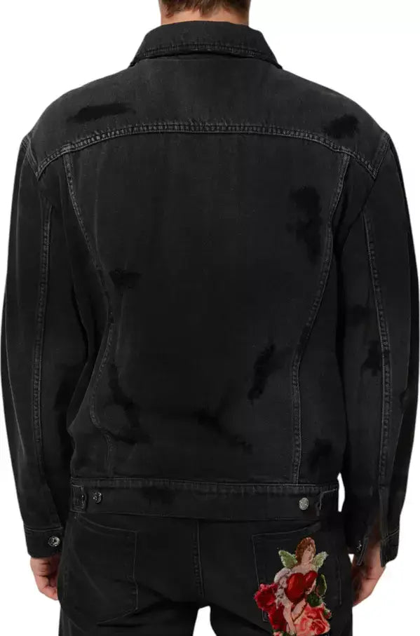 Back view of Dolce & Gabbana Black Cotton Stretch Denim Blouson Jacket showcasing unique distressed design and tailored fit.