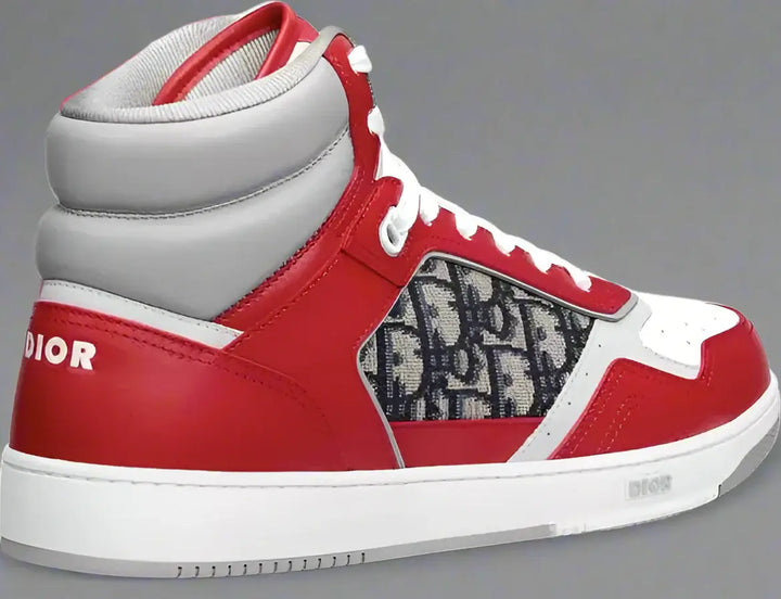 Red and gray sneaker with Dior logo on a white background