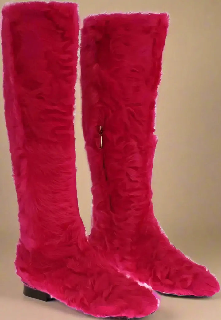 Dolce & Gabbana Pink Lamb Fur Leather Flat Boots Shoes