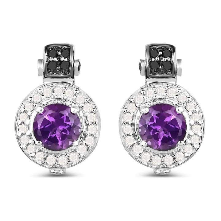 2.29 Carat Genuine Amethyst, Black Diamond and White Diamond .925 Sterling Silver Earrings