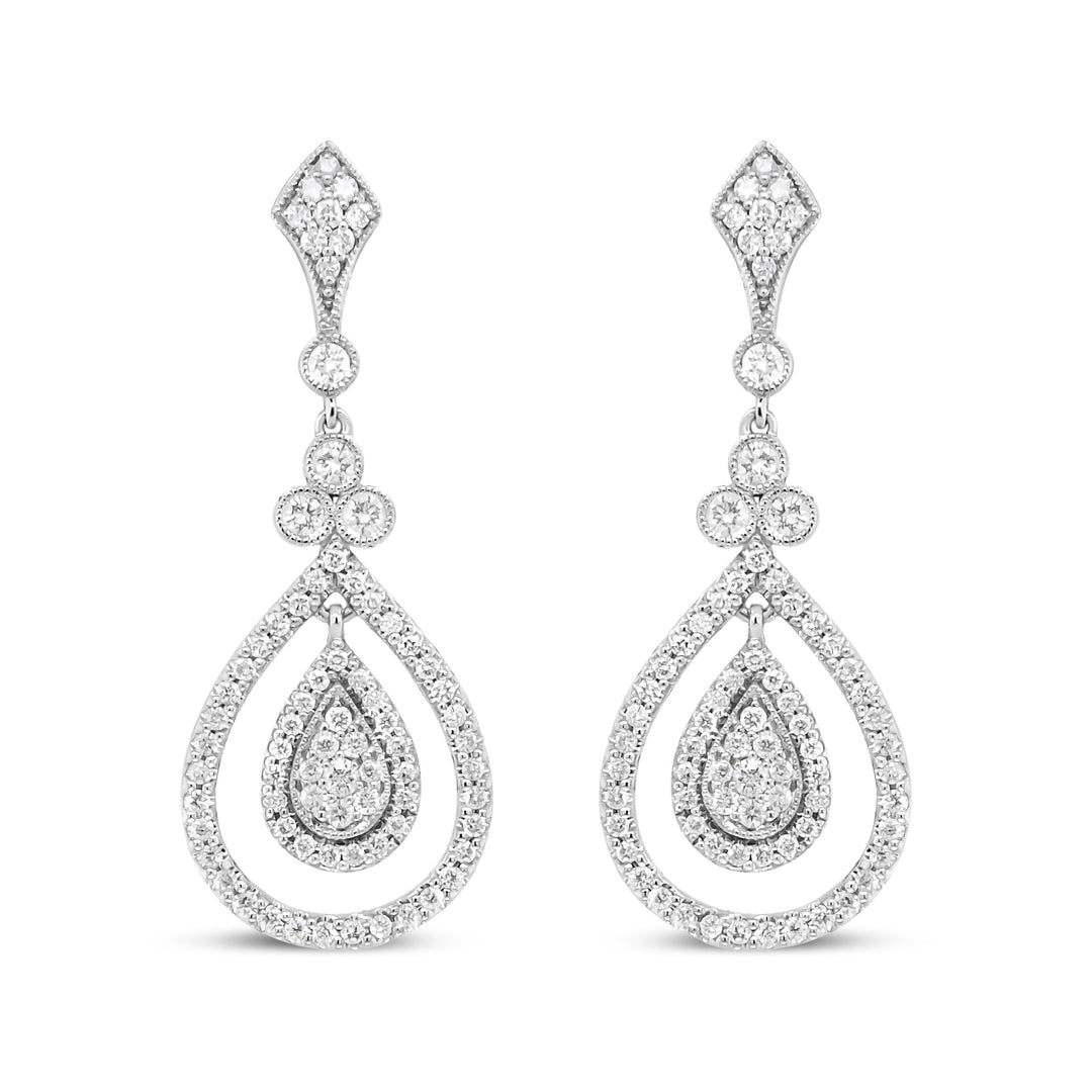 18K White Gold 1 1/4 Cttw Round Diamond Openwork Teardrop-Shaped Dangle Earrings (F-G Color, VS1-VS2 Clarity)