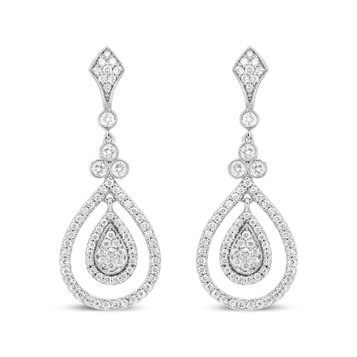 18K White Gold 1 1/4 Cttw Round Diamond Openwork Teardrop-Shaped Dangle Earrings (F-G Color, VS1-VS2 Clarity)