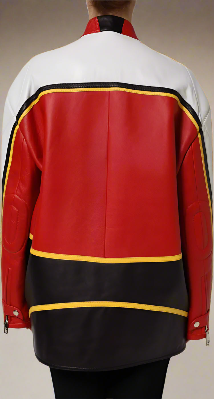 Red, black, and white leather jacket with yellow accents on a white background
