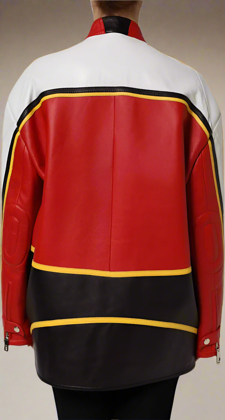 Red, black, and white leather jacket with yellow accents on a white background