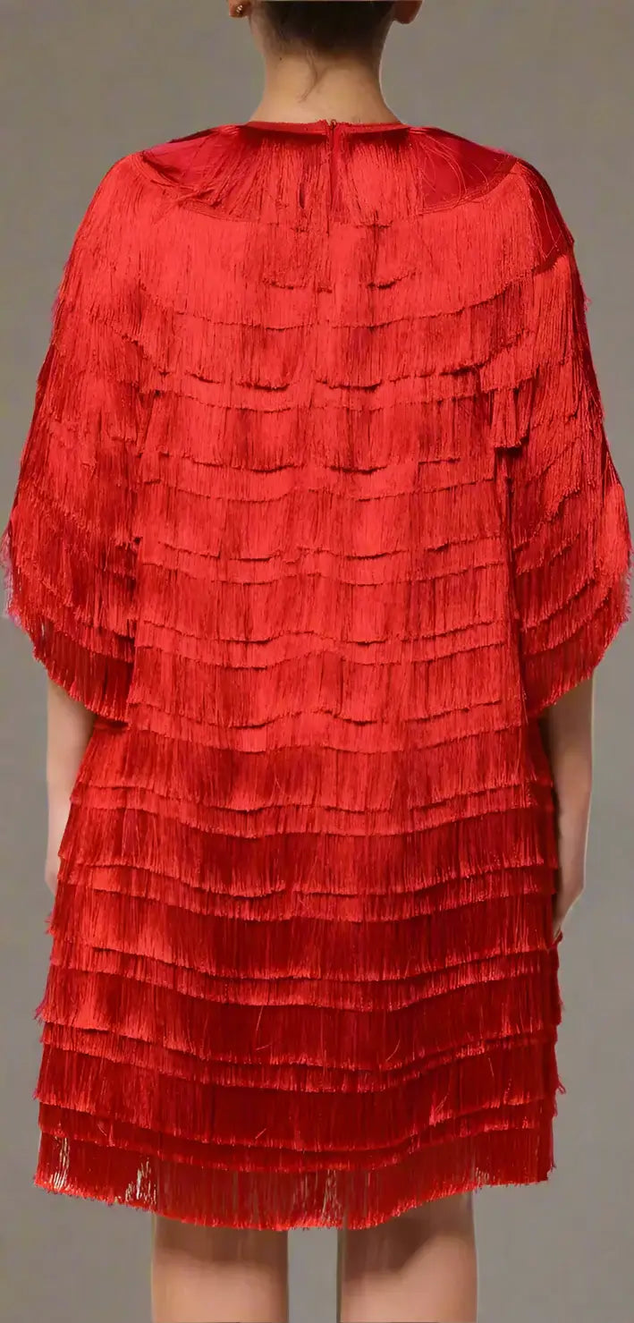 Red layered dress on a white background