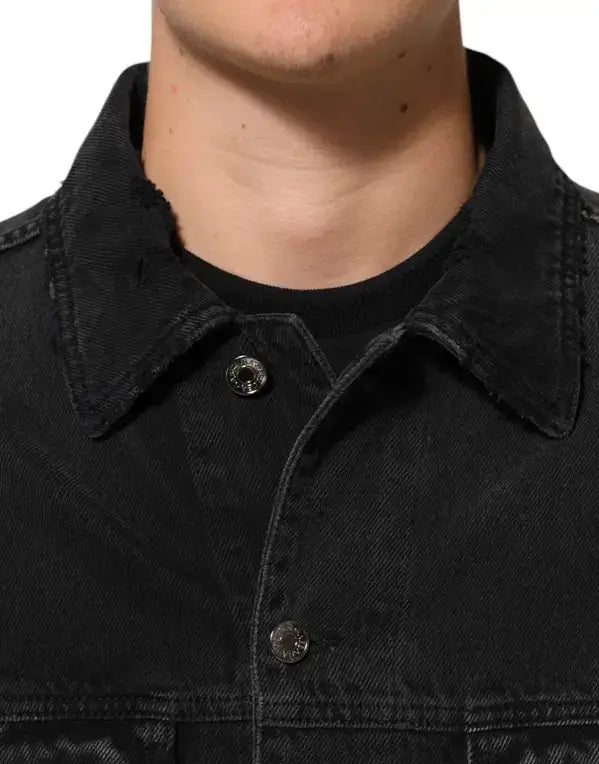 Dolce & Gabbana Black Cotton Stretch Denim Blouson Jacket Detail View with Button Closure