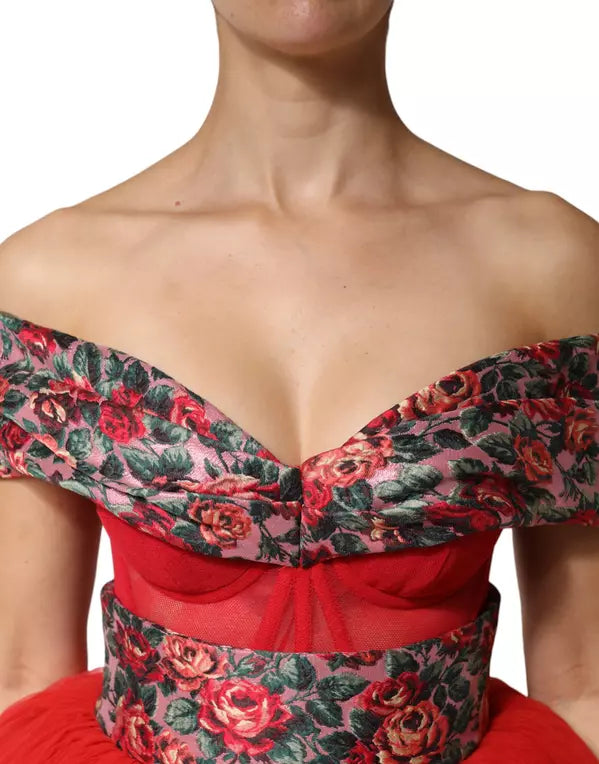 Dolce & Gabbana Red Floral Off Shoulder A-line Gown Dress showcasing vibrant floral design and romantic neckline.