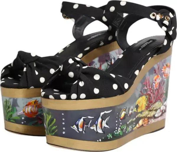 Black polka dot wedge sandals with an aquarium-themed sole on a white background