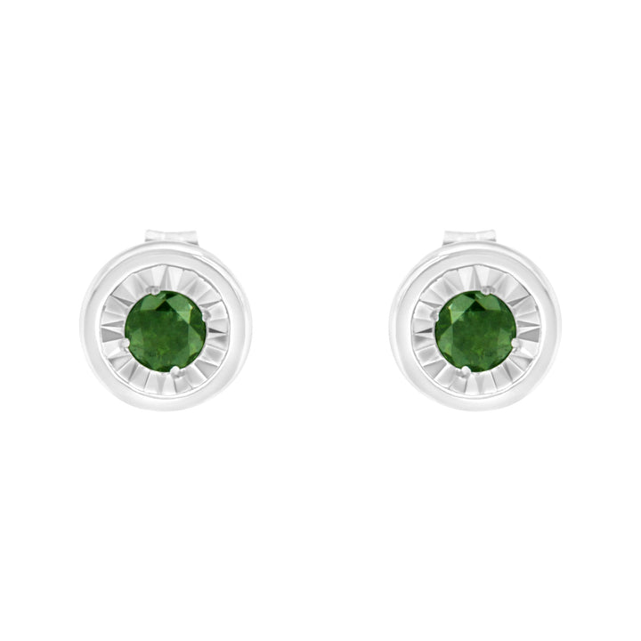 .925 Sterling Silver 1/4 Cttw Round Brilliant-Cut Green Diamond Miracle-Set Stud Earrings (Fancy Color-Enhanced, I1-I2 Clarity)