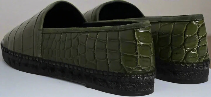Green crocodile-patterned shoes on a white background