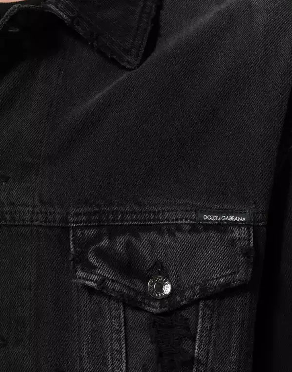 Dolce & Gabbana Black Cotton Stretch Denim Blouson Jacket close-up detailing with logo and pocket.