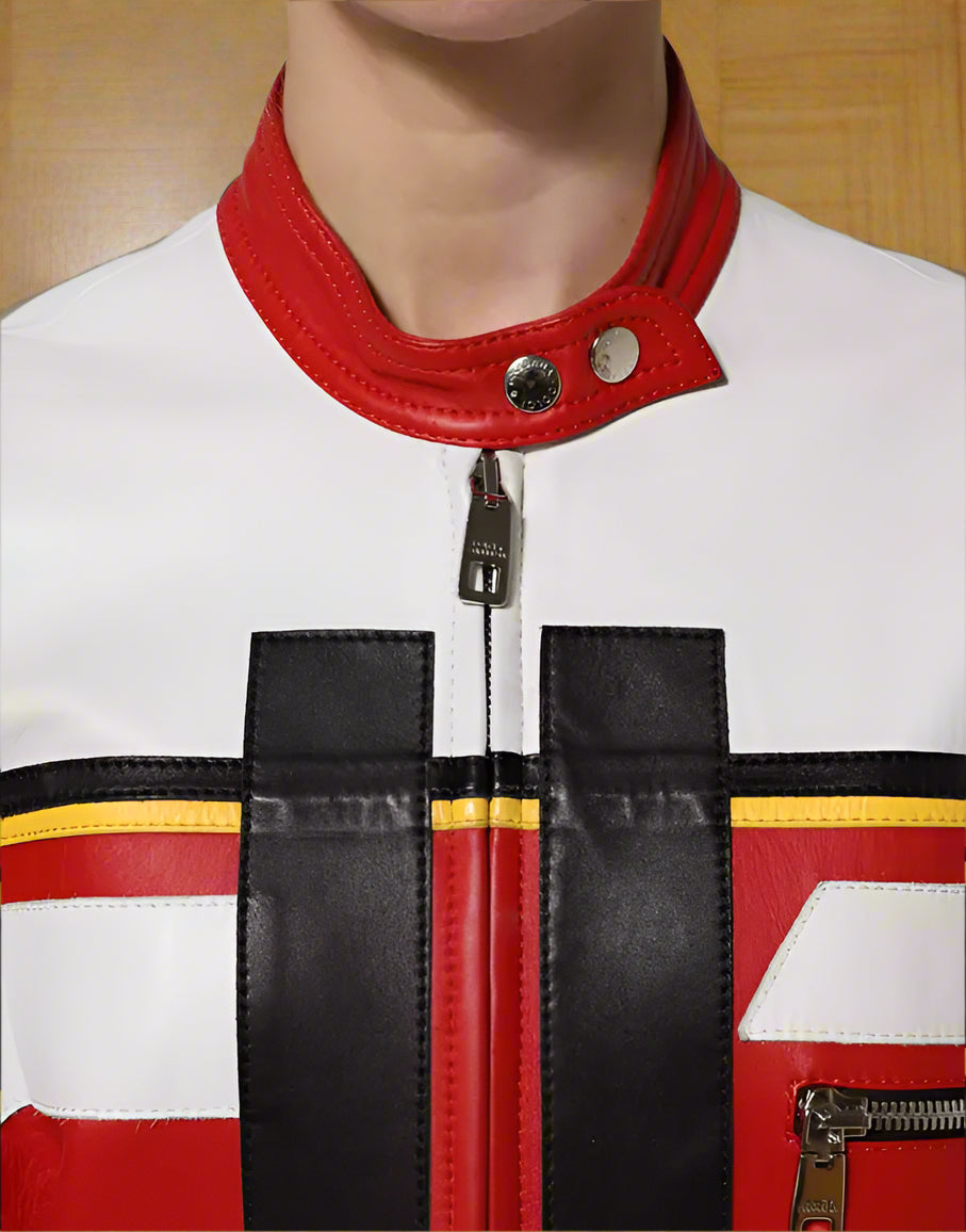Close-up of a red, white, and black jacket with a zipper