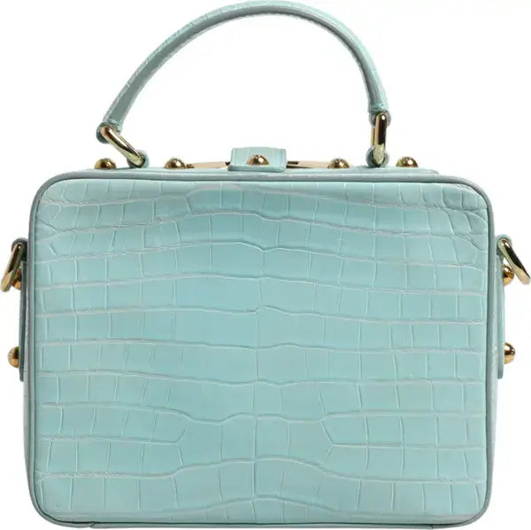 Light blue handbag with gold accents on a white background