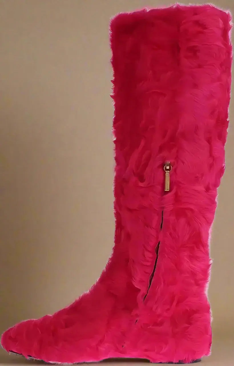 Dolce & Gabbana Pink Lamb Fur Leather Flat Boots Shoes