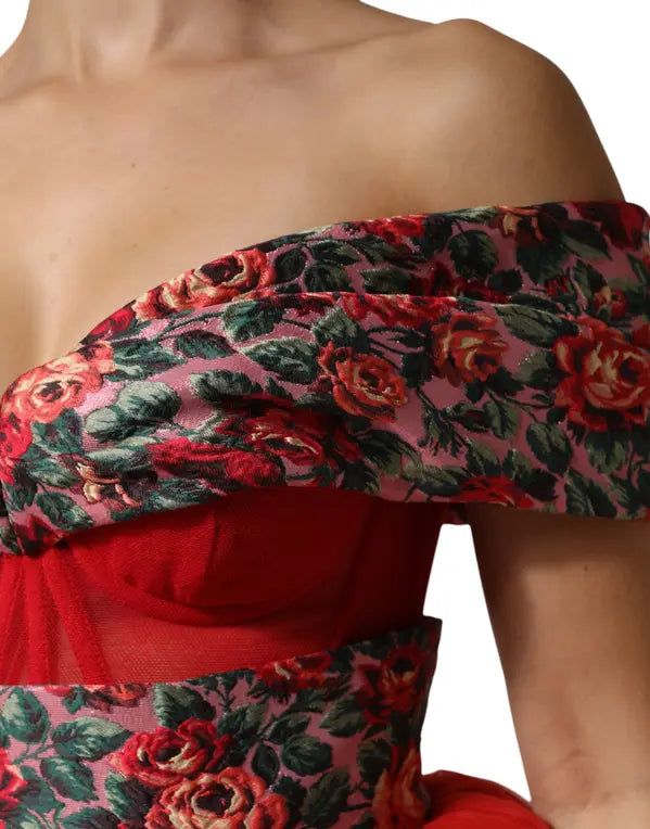 Dolce & Gabbana Red Floral Off Shoulder A-line Gown Dress detail, showcasing vibrant floral design and luxury fashion elegance.