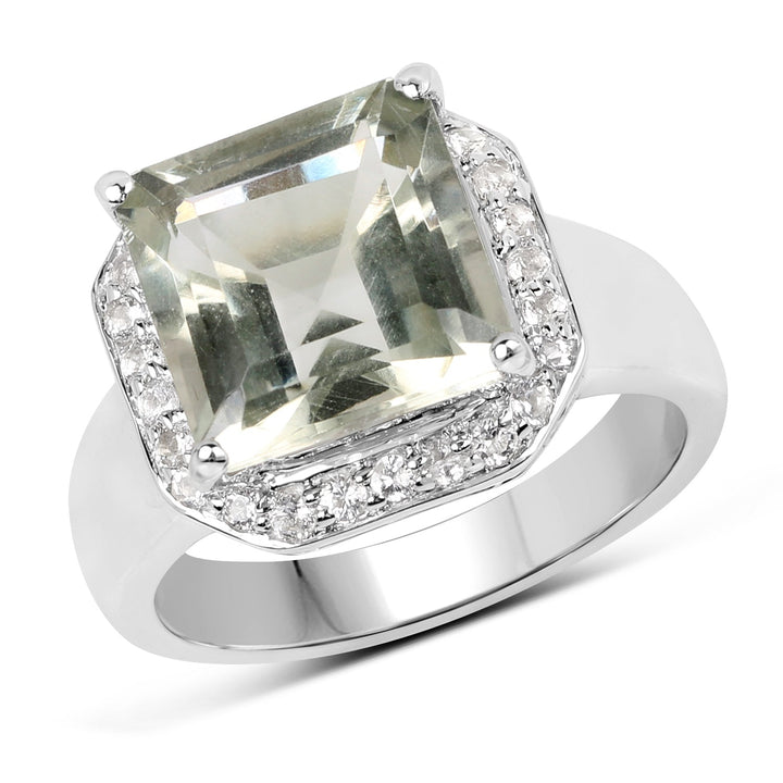 4.52 Carat Genuine Green Amethyst and White Topaz .925 Sterling Silver Ring